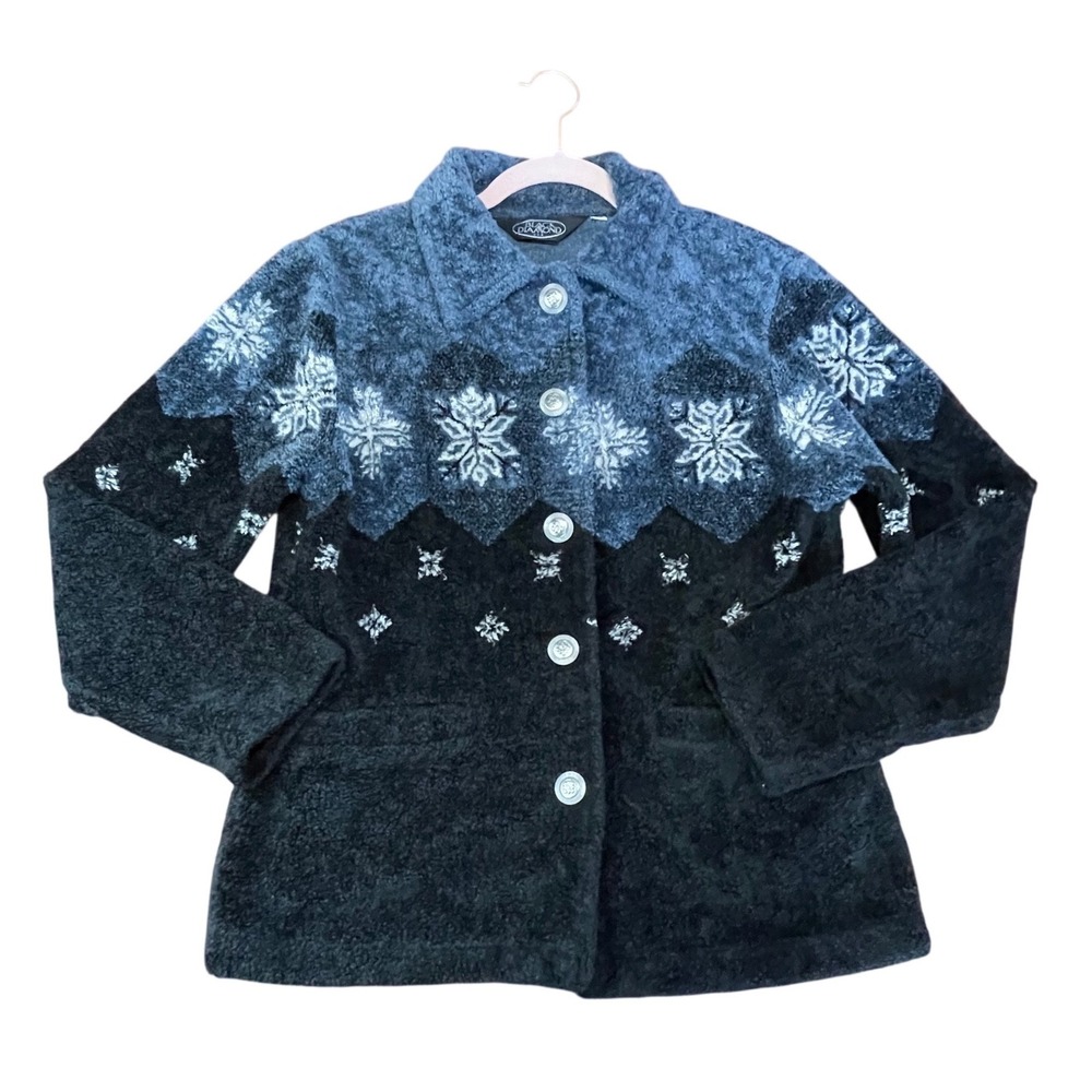 Black Diamond USA Snowflake Fleece Jacket Blue Black Button Up Womens Small